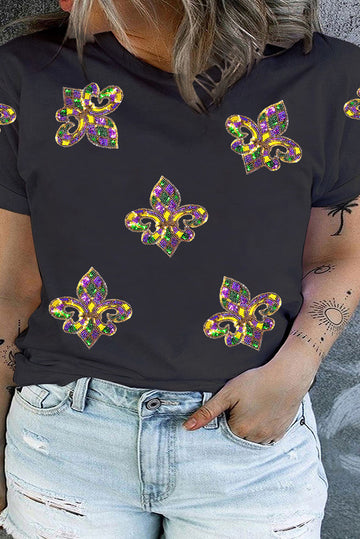 Black Mardi Gras Fleur de Lis Patched Graphic Crewneck Plus Size Tee BB Fashion Outlet