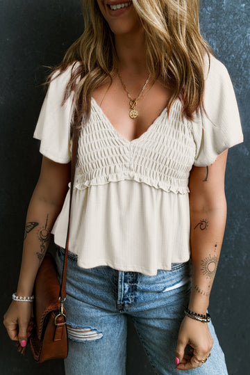 Oatmeal Shirred V Neck Short Flutter Sleeve Textured Blouse eAura