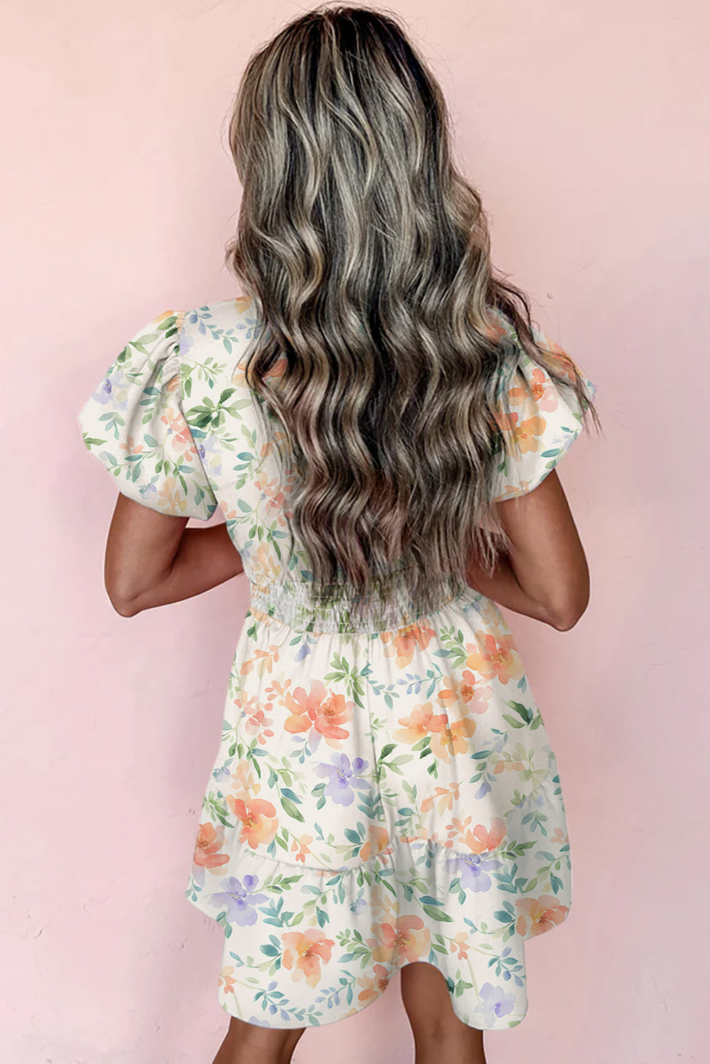 Beige Floral Print Shirred High Waist Puff Sleeve Mini Dress eAura