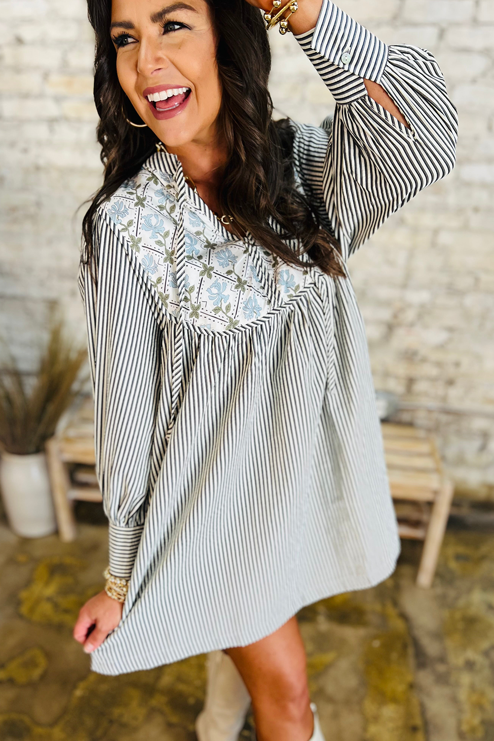 Black Stripe Floral Patchwork Tied V Neck Shift Long Sleeve Mini Dress eAura