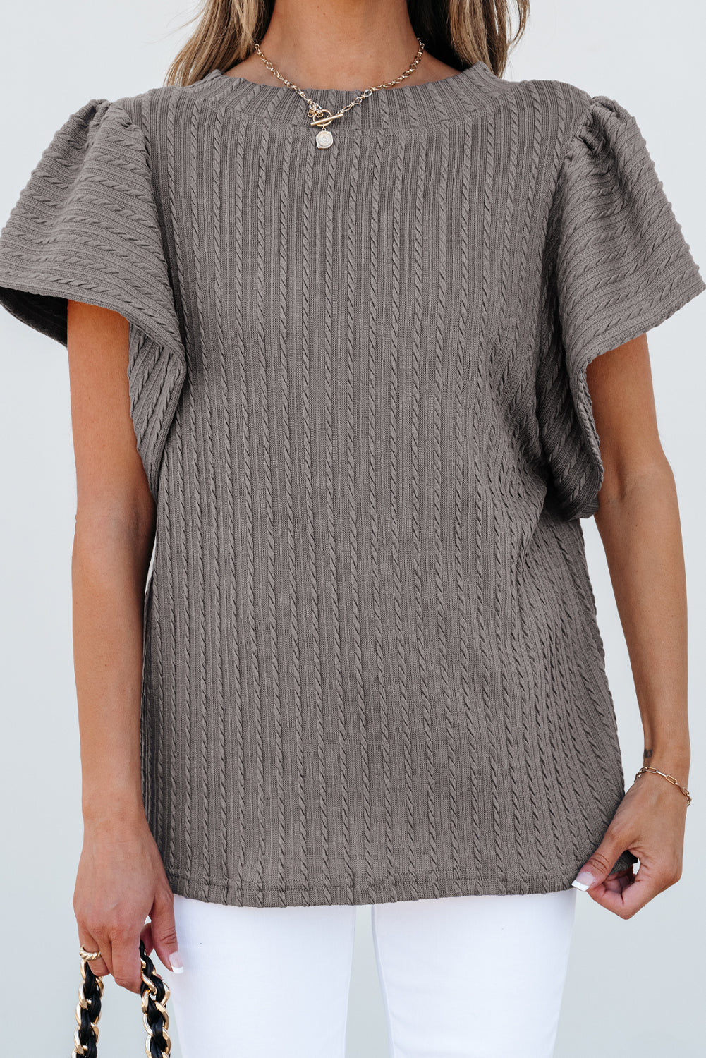 Sleet Solid Colour Textured Flutter Sleeve Top eAura