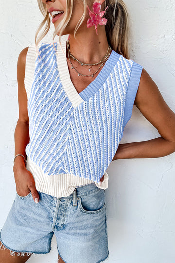 Contrast Chevron Knit V Neck Sweater Vest eAura