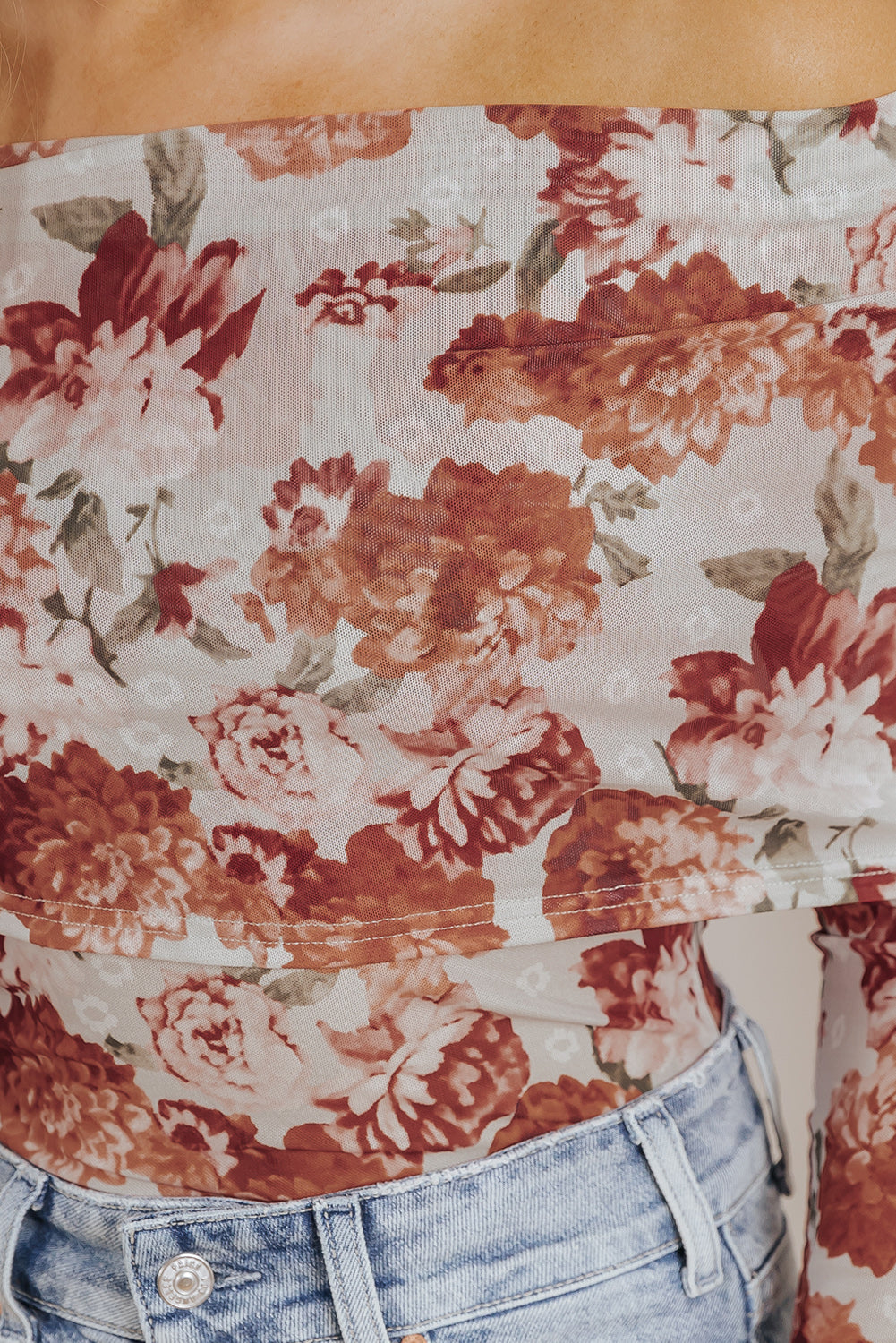 Pink Floral Printed Long Sleeve Sheath Bodysuit eAura