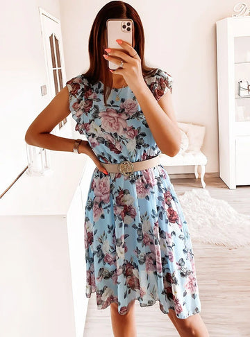 Chiffon Cap Sleeve Rose Print Dress eprolo