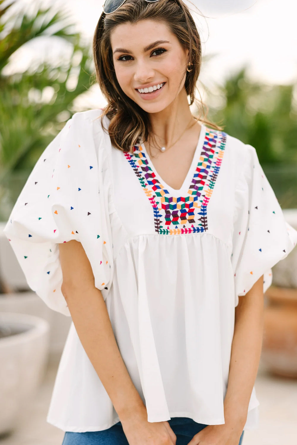 White Embroidered Puff Sleeve V Neck Blouse eAura