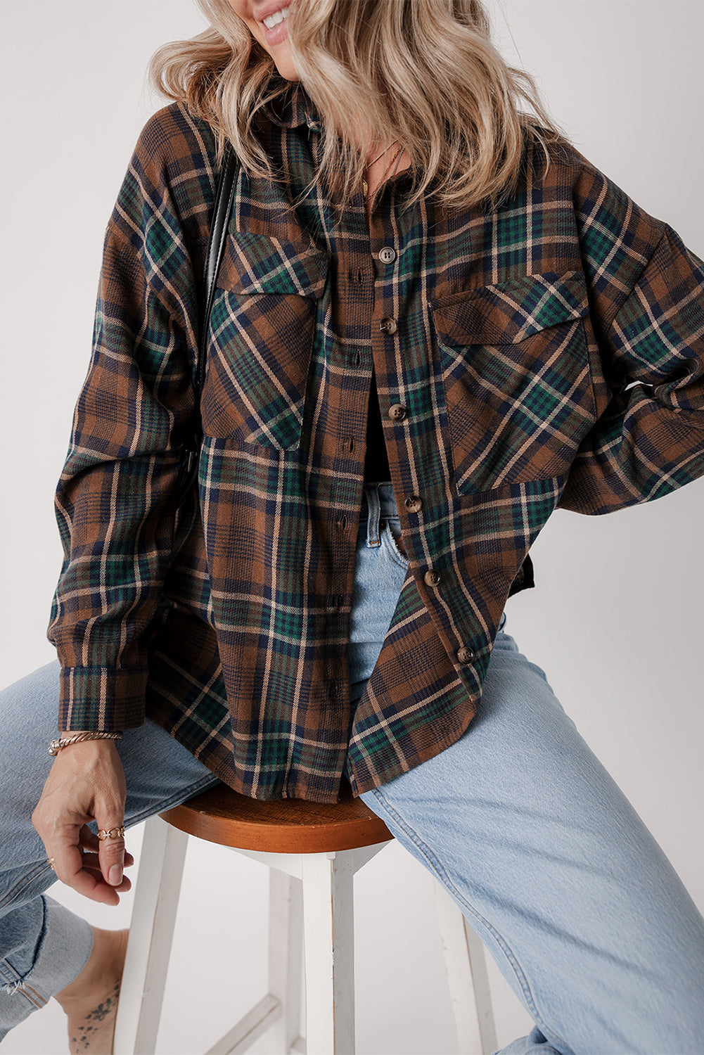 Brown Plaid Print Chest Pockets Buttoned Shirt Jacket eAura