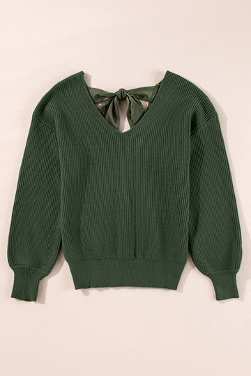 Jungle Green Lantern Sleeve V Neck Knot Back Sweater eAura