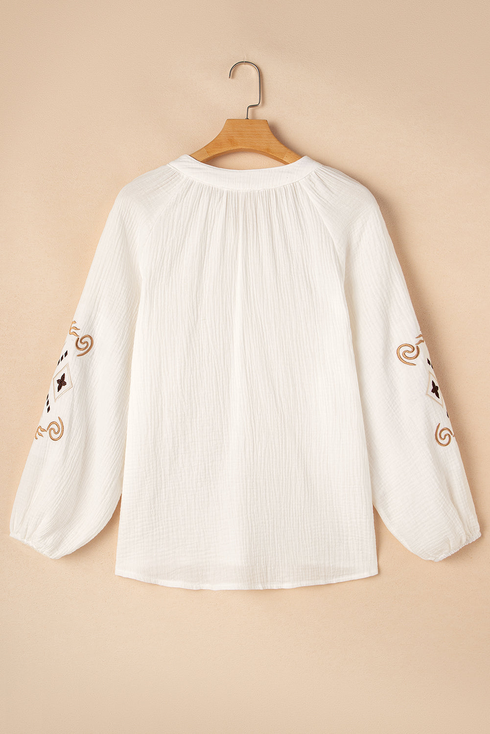 White Embroidered Textured Buttoned Crew Neck Shirt eAura