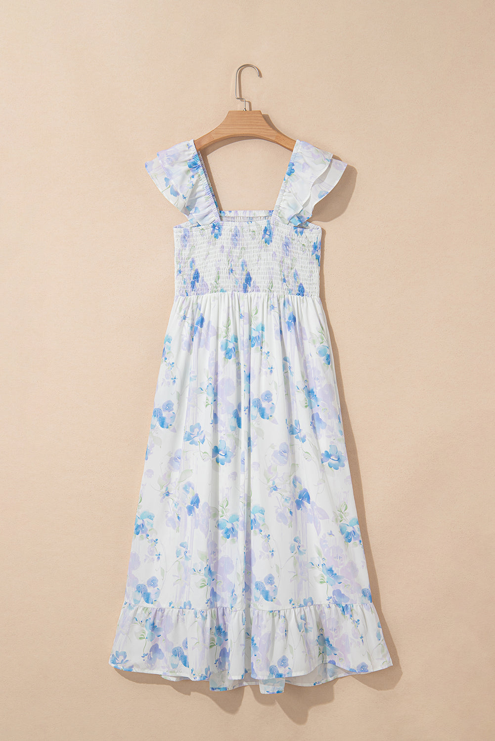 Sky Blue Floral Smocked Ruffle Sleeveless Maxi Dress eAura