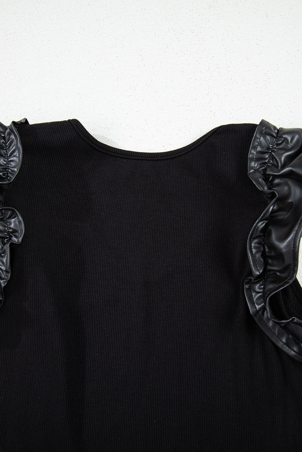 Black Leatherette Ruffle Patchwork Ribbed V Neck Bodysuit eAura