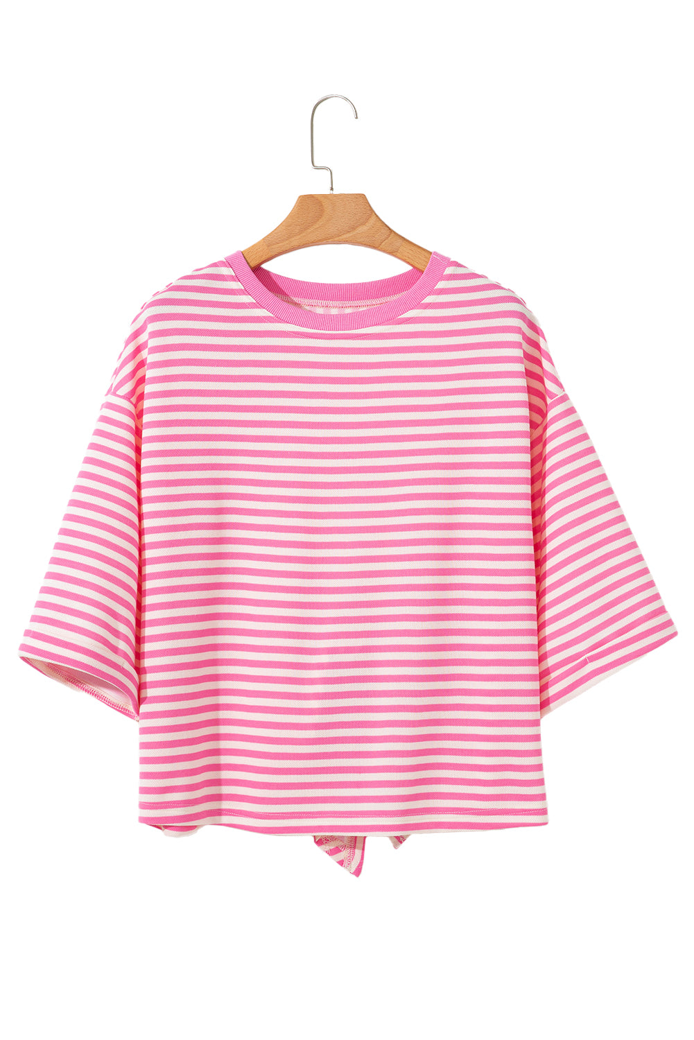 Pink Stripe Bowknot Cutout Back Drop Shoulder Wide Bracelet Sleeve Loose Tee eAura