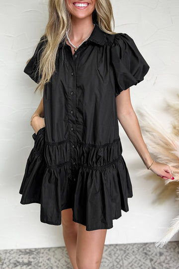Black Shirt Style Button Down Puff Sleeve Ruffle Hem Dress eAura