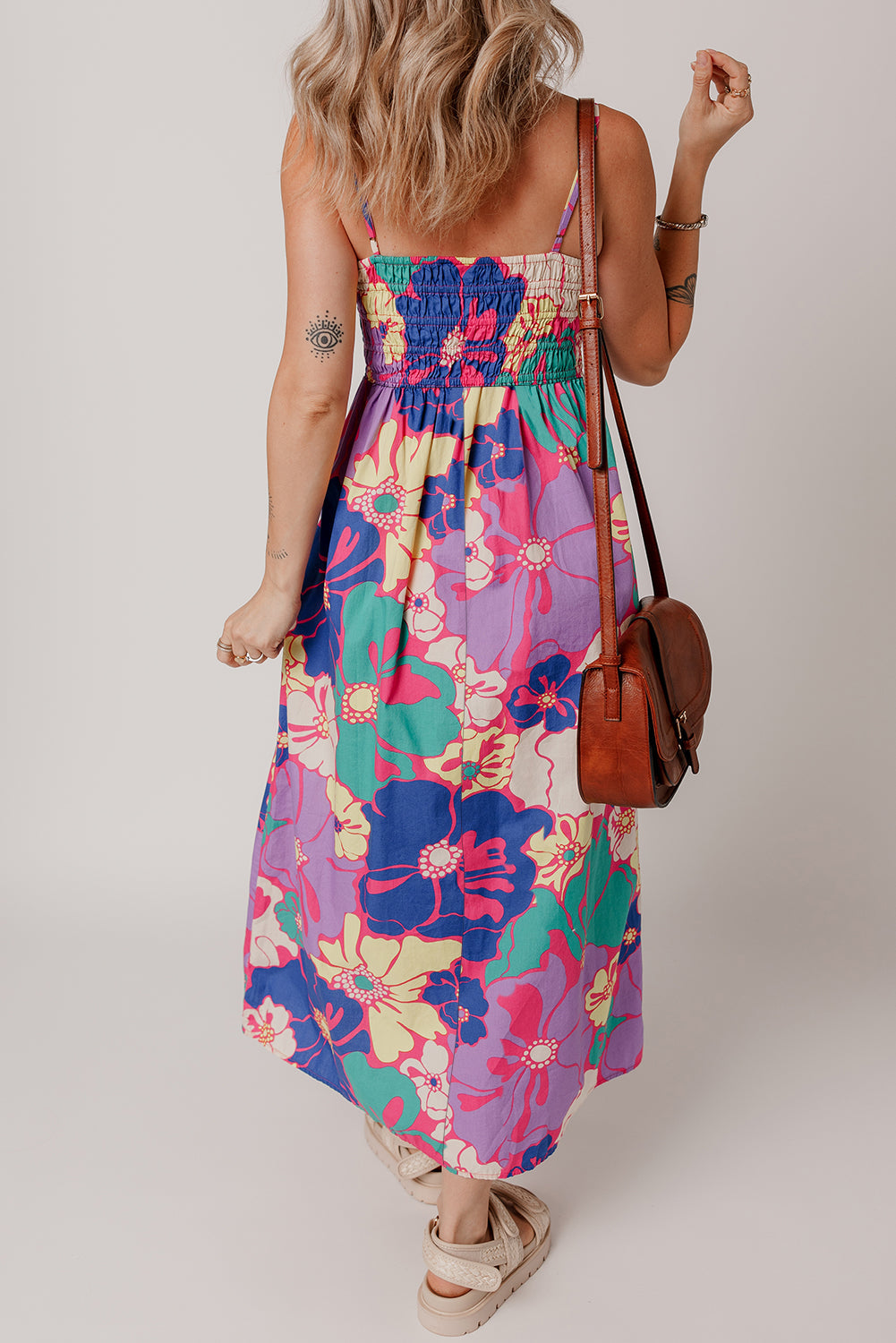 Purple Floral Print Shirred Spaghetti Strap Loose Maxi Dress eAura