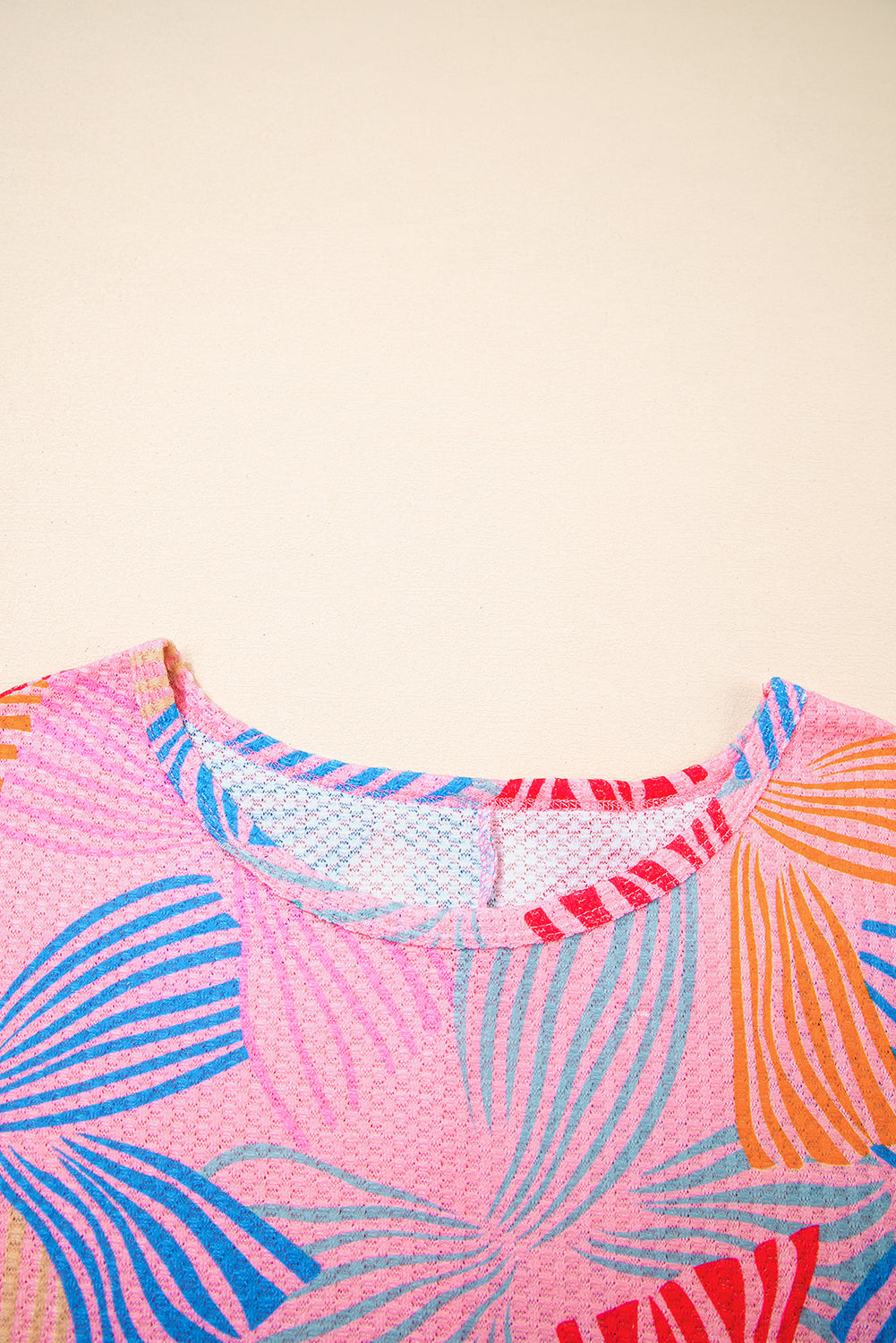 Pink Bowknot Printed Waffle Crewneck Loose Short Sleeve Top eAura