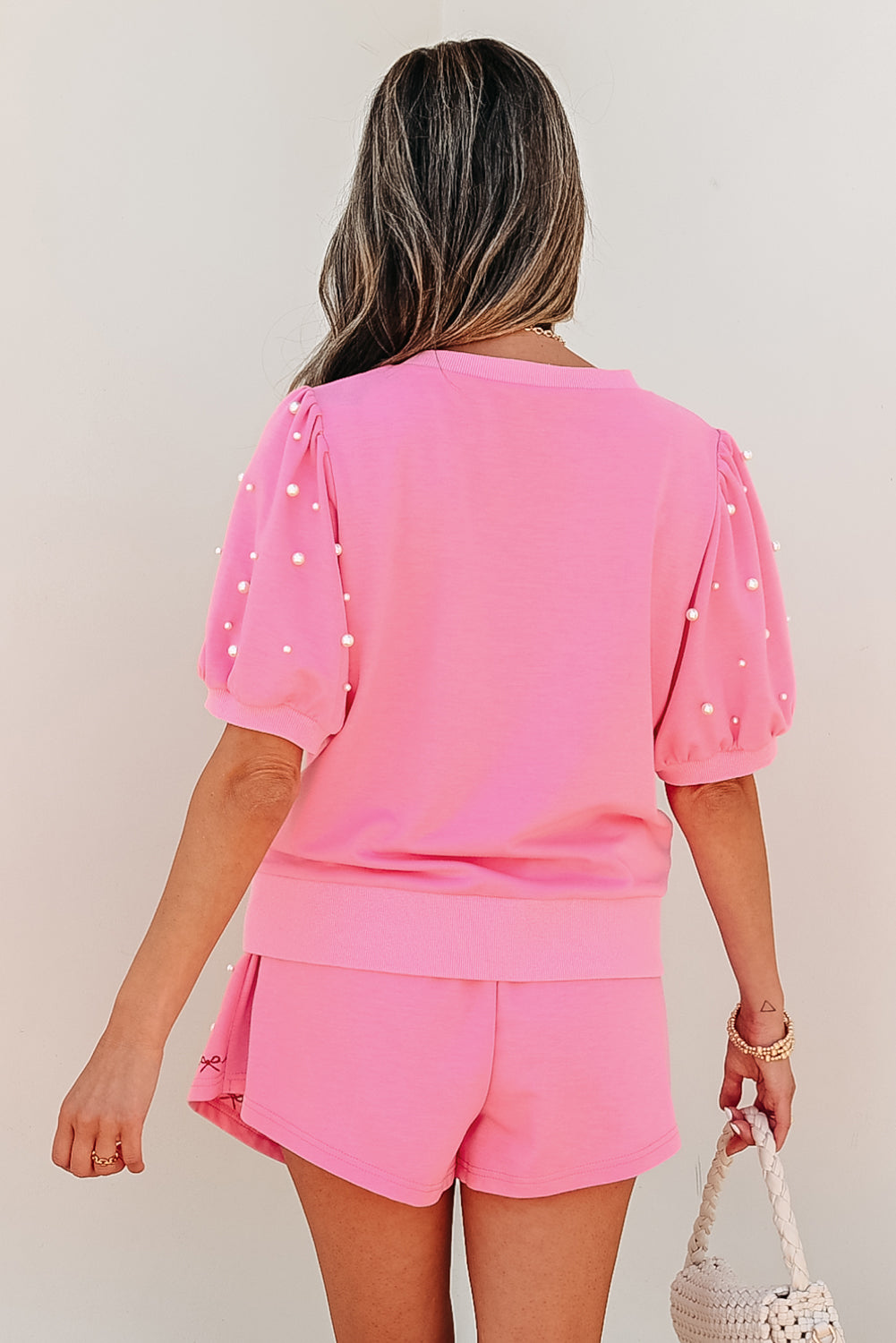 Pink Contrast Bow Trim Pearl Puff Sleeve Top and Skort Co-ord eAura