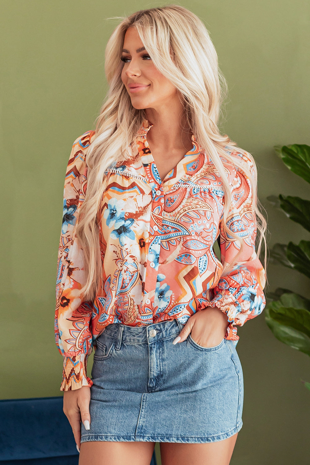 Orange Floral Print Shirred Cuff Buttoned Loose Shirt eAura