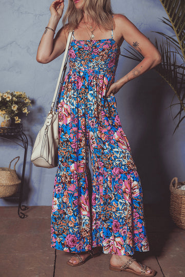 Pink Floral Smocked Bust Spaghetti Straps Wide Leg Jumpsuit eAura