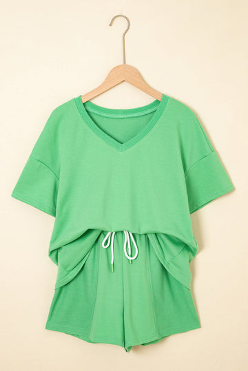 Mint Green V Neck Drop Shoulder Tee and Patchwork Drawstring Shorts Set eAura