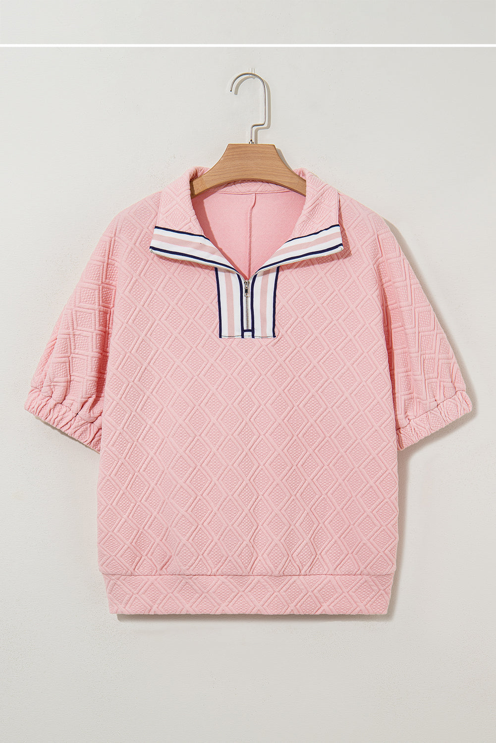 Contrast Striped Collar Patchwork Textured Half Sleeve Blouse eAura
