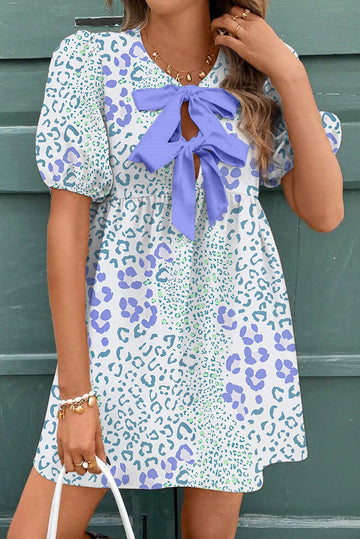 Blue Leopard Contrast Bow Puff Sleeve Mini Dress eAura