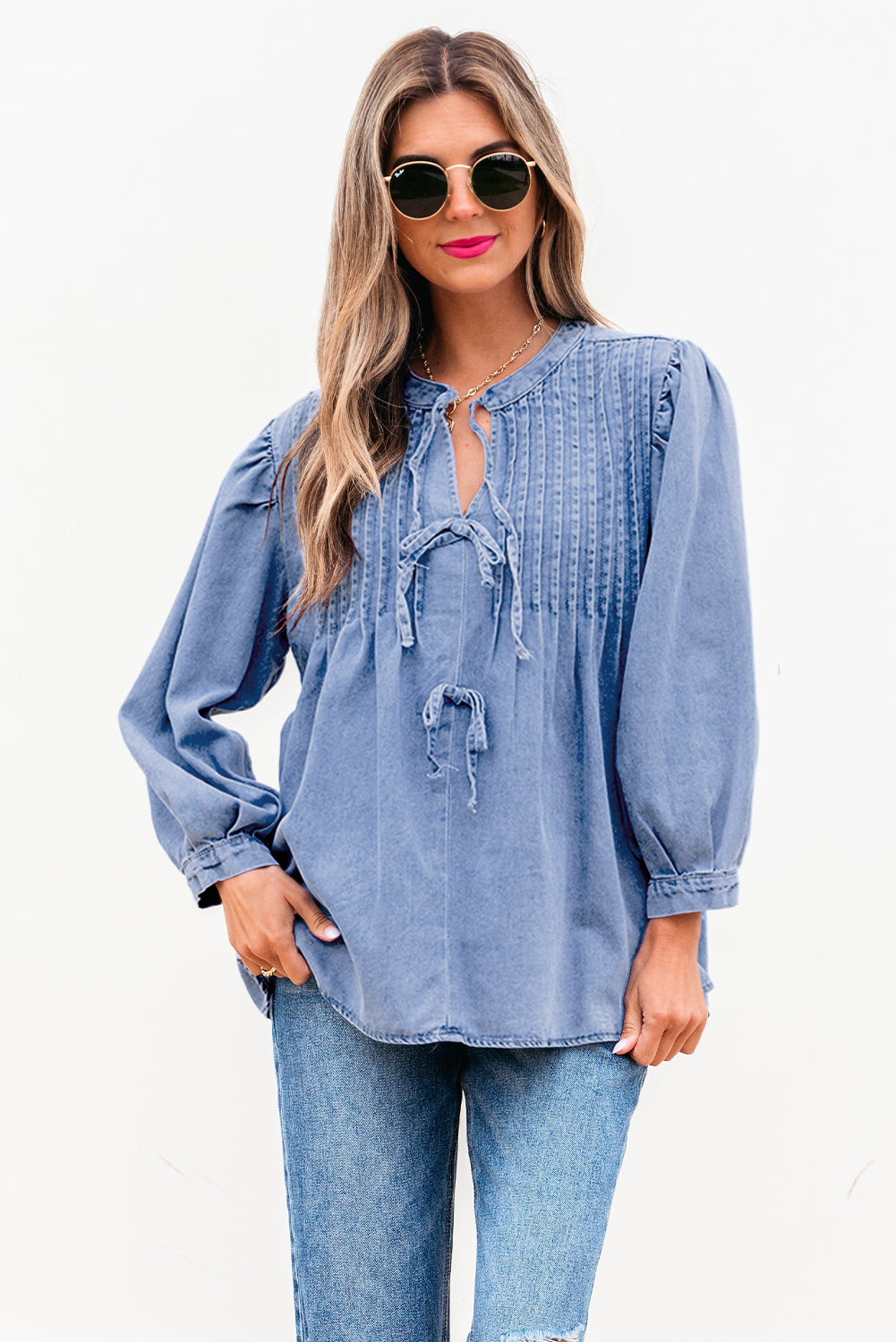 Myosotis Denim Front Pintuck Bow Tie Puff Sleeve Top eAura