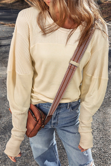 Beige Thermal Knit Patchwork Exposed Seam Long Sleeve Top BB Fashion Outlet
