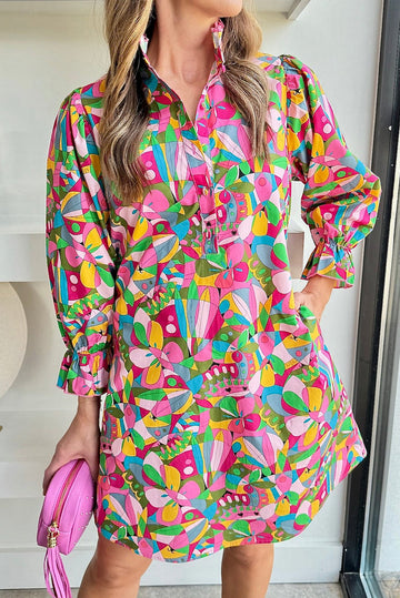 Pink Abstract Printed Lantern Sleeve Buttoned Mini Dress eAura