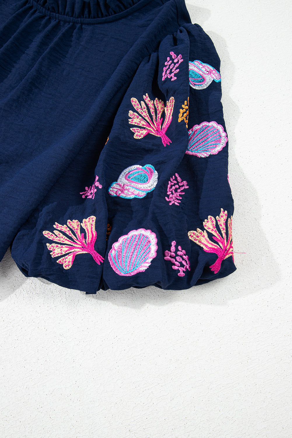 Sail Blue Shellfish Coral Embroidery Puff Sleeve Frilled Neck Blouse eAura