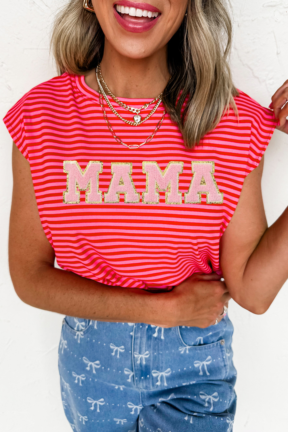 Red Stripe MAMA Graphic Cap Sleeve T Shirt eAura