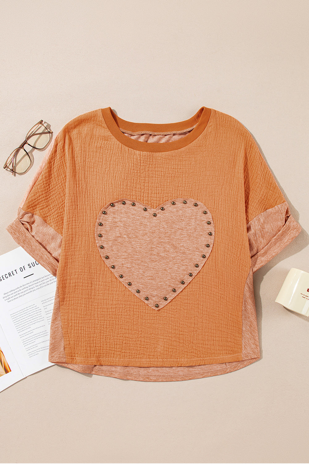 Desert Gold Stud Heart Patch Textured Front Dolman Top eAura