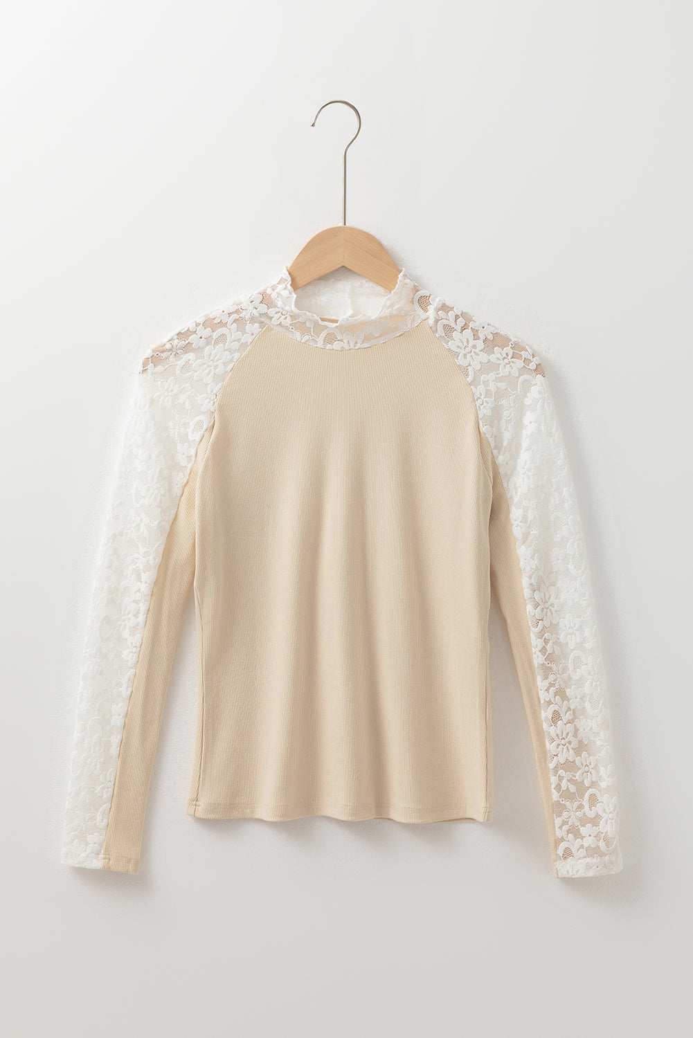 Beige Floral Lace Patchwork Long Sleeve High Neck Slim Top eAura