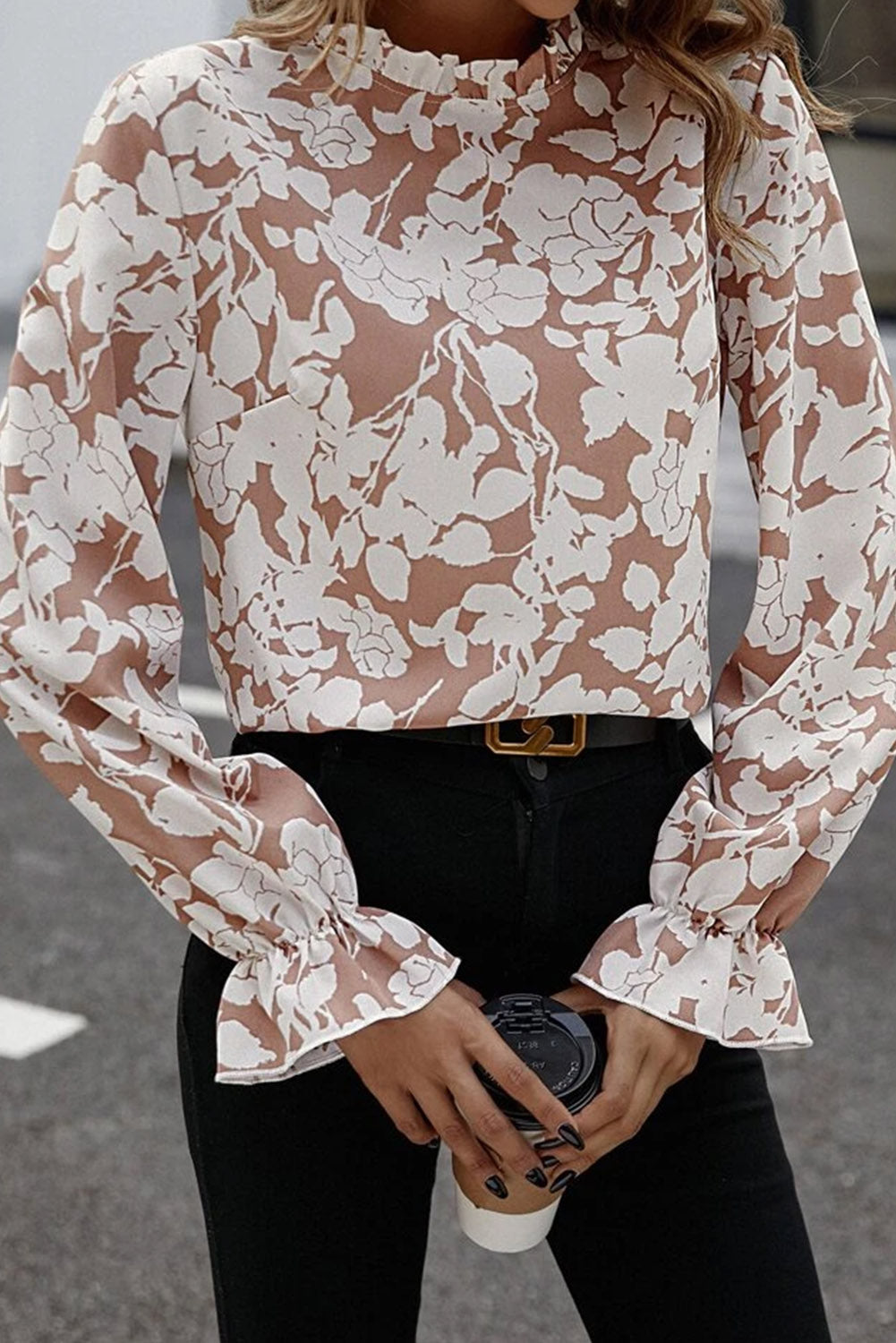 Light French Beige Floral Print Frilled Neckline Flounce Sleeve Blouse eAura