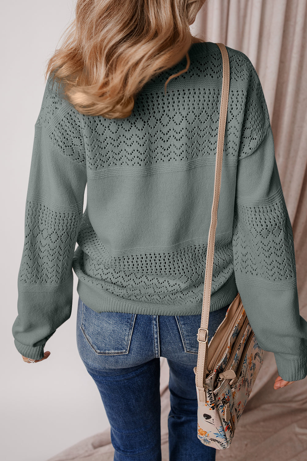 Black Eyelet Pattern Detail V Neck Drop Shoulder Sweater eAura