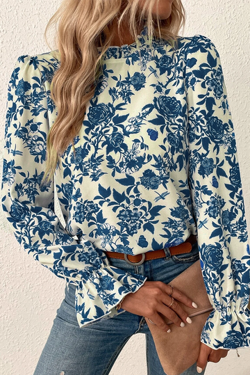 Sky Blue Floral Print Flounce Sleeve Keyhole Back Blouse eAura