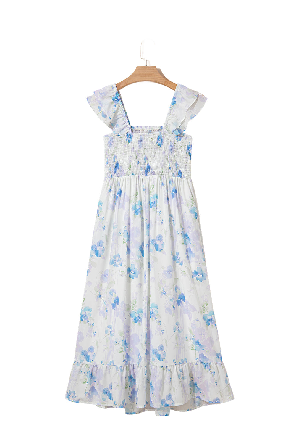 Sky Blue Floral Smocked Ruffle Sleeveless Maxi Dress eAura