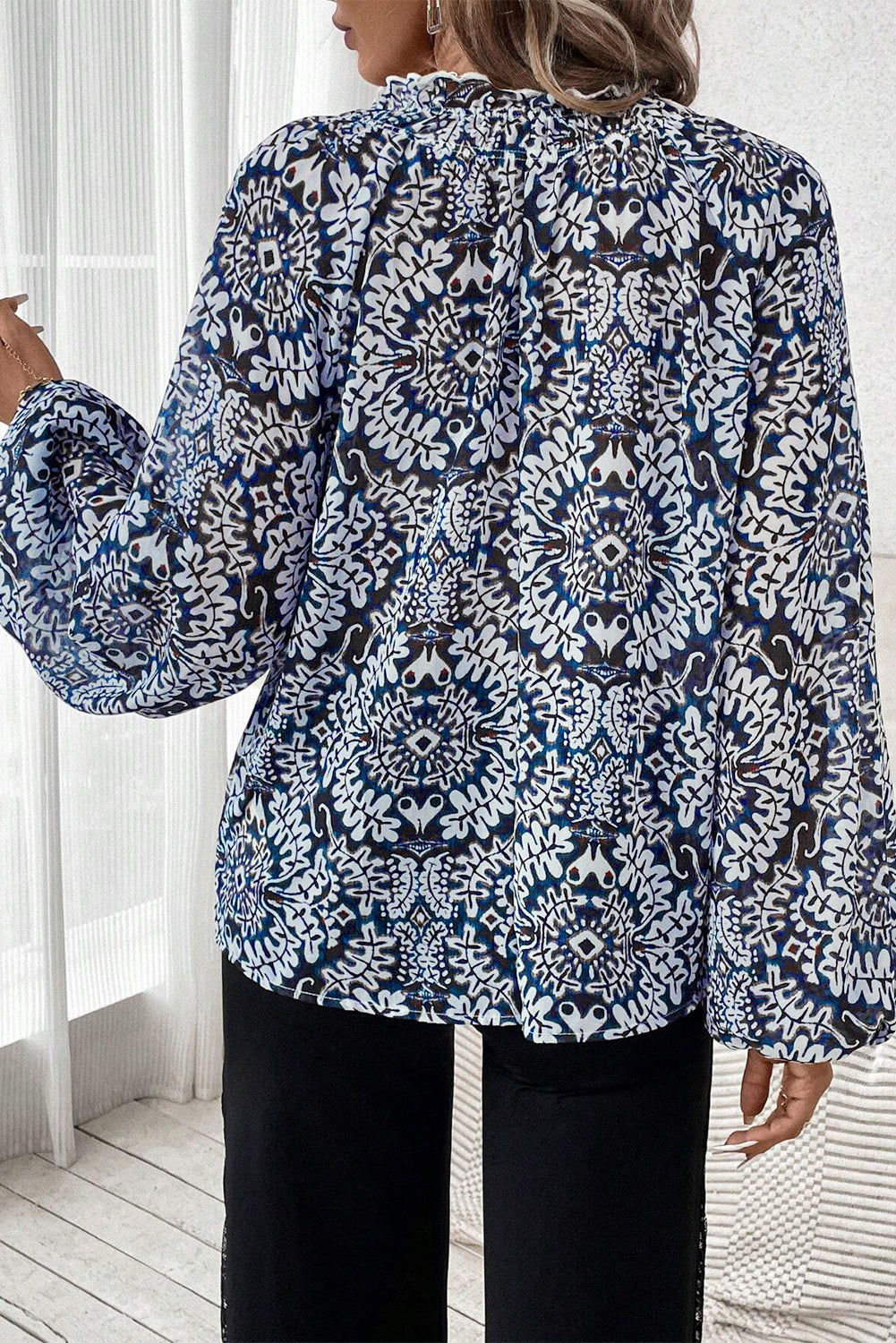 Blue Tribal Print Lace-up Frilled Neck Puff Sleeve Blouse eAura