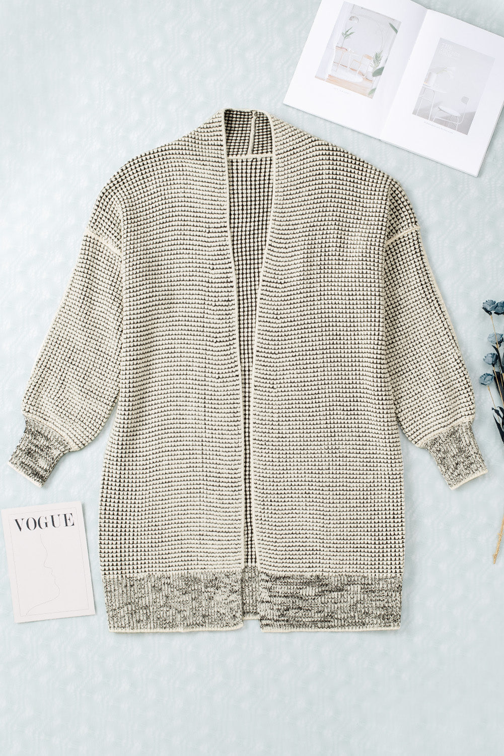 Apricot Plaid Knitted Long Open Front Cardigan eAura