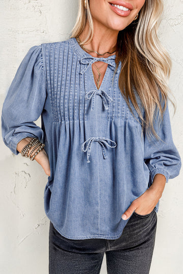 Myosotis Denim Front Pintuck Bow Tie Puff Sleeve Top eAura