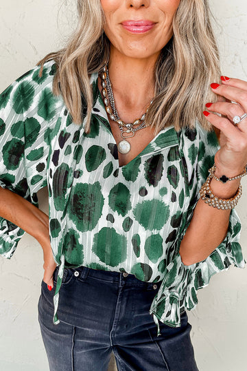 Green Metallic Threading Accents Pleated Abstract Printed Ruffled 3/4 Sleeve Blouse BB Fashion Outlet