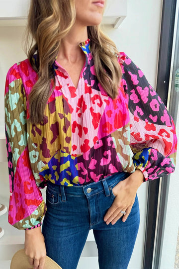 Rose Leopard Patchwork Print Pleated Blouse BB Fashion Outlet