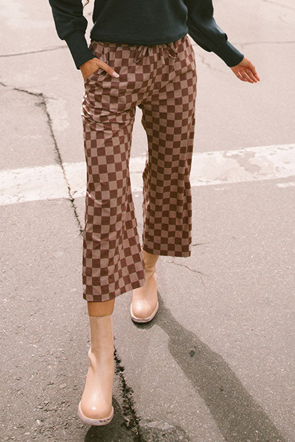 Checkered Elastic High Waist Loose Casual Trousers eAura