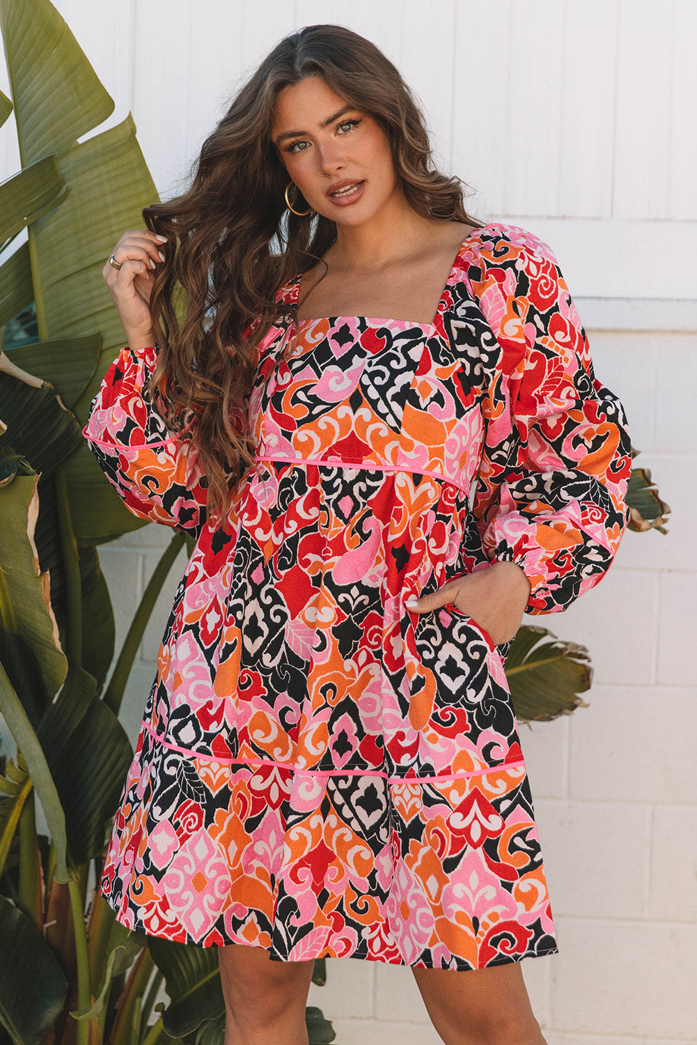 Pink Bohemian Square Neck Puff Sleeve Mini Dress eAura