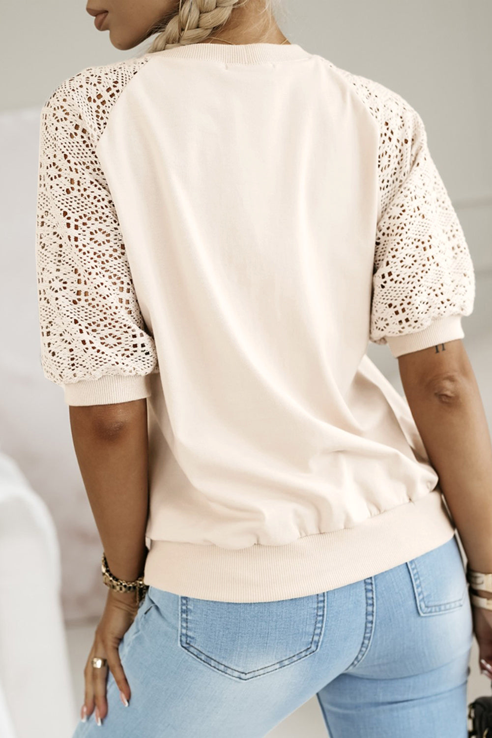 Jet Stream Lace Crochet Short Sleeve Round Neck T Shirt eAura