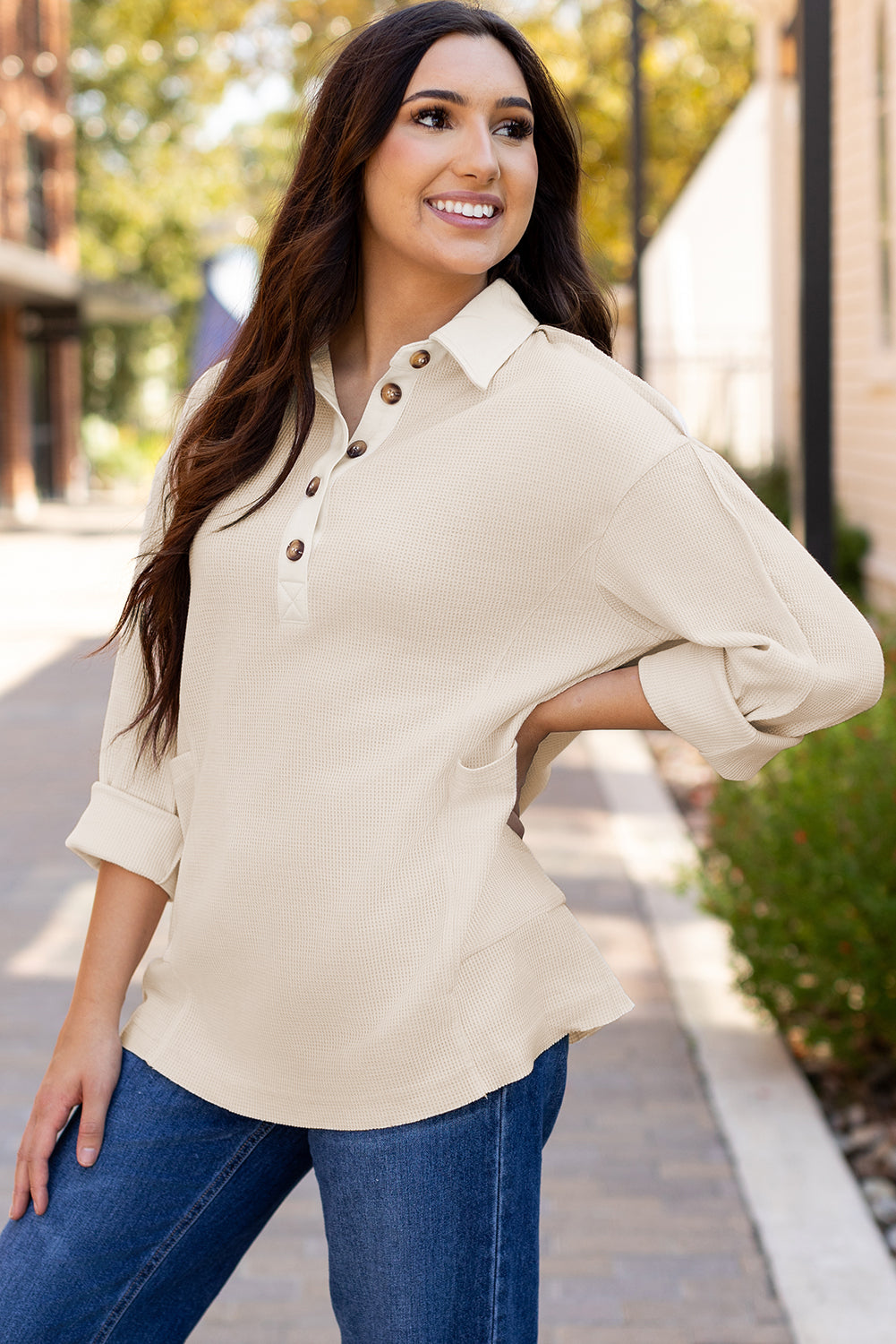 Jet Stream Waffle Long Sleeve Collar Half Button Loose Top eAura