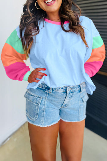 Dark Blue Colourblock Patchwork Long Sleeve Plus Size Top Beagle Boutique Fashion Outlet