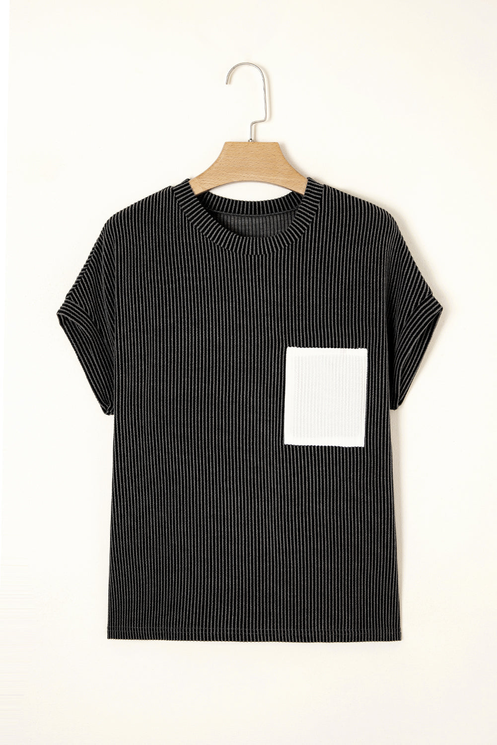 Carbon Grey Ribbed Knit Colour Block Pocketed Crew Neck T Shirt eAura