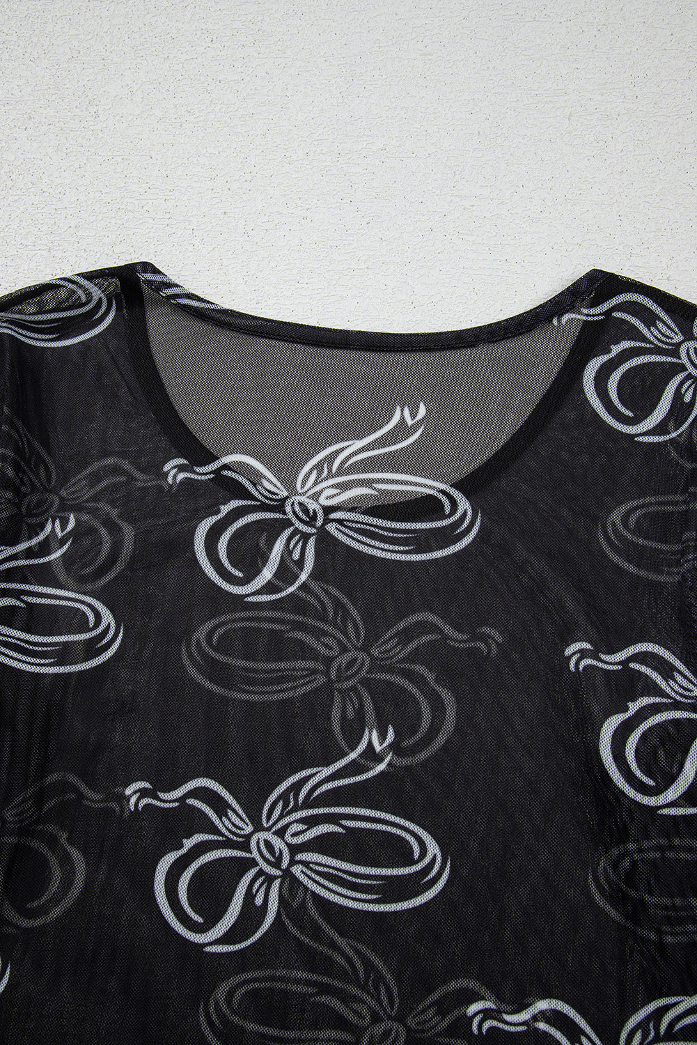 Black Round Neck Bow Print Long Sleeve Mesh Top eAura