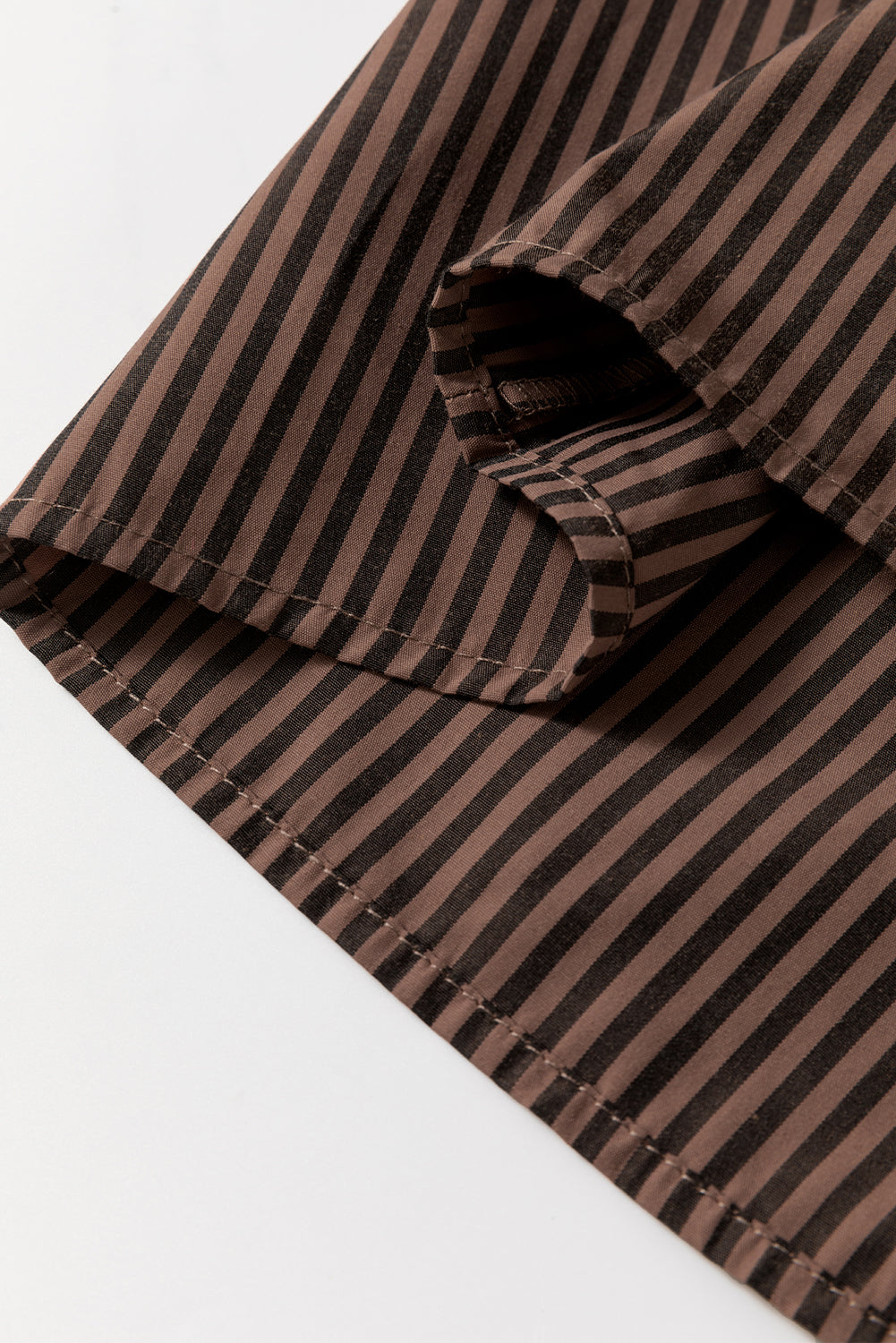 Brown Stripe V Neck Roll Up Sleeve Pocket Patched Classic Shirt eAura