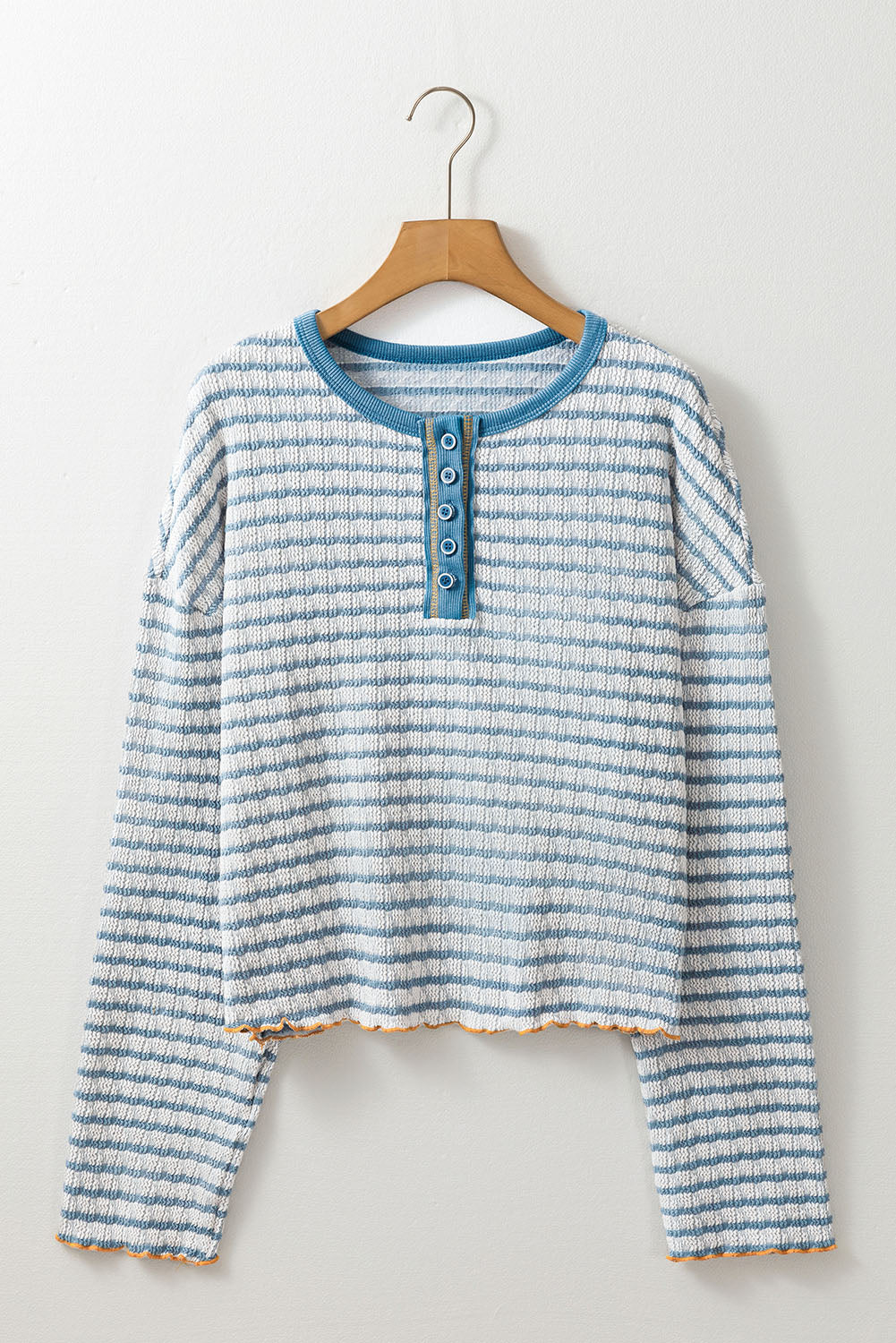 Sky Blue Stripe Textured Frilly Trim Buttons Henley Long Sleeve Top eAura
