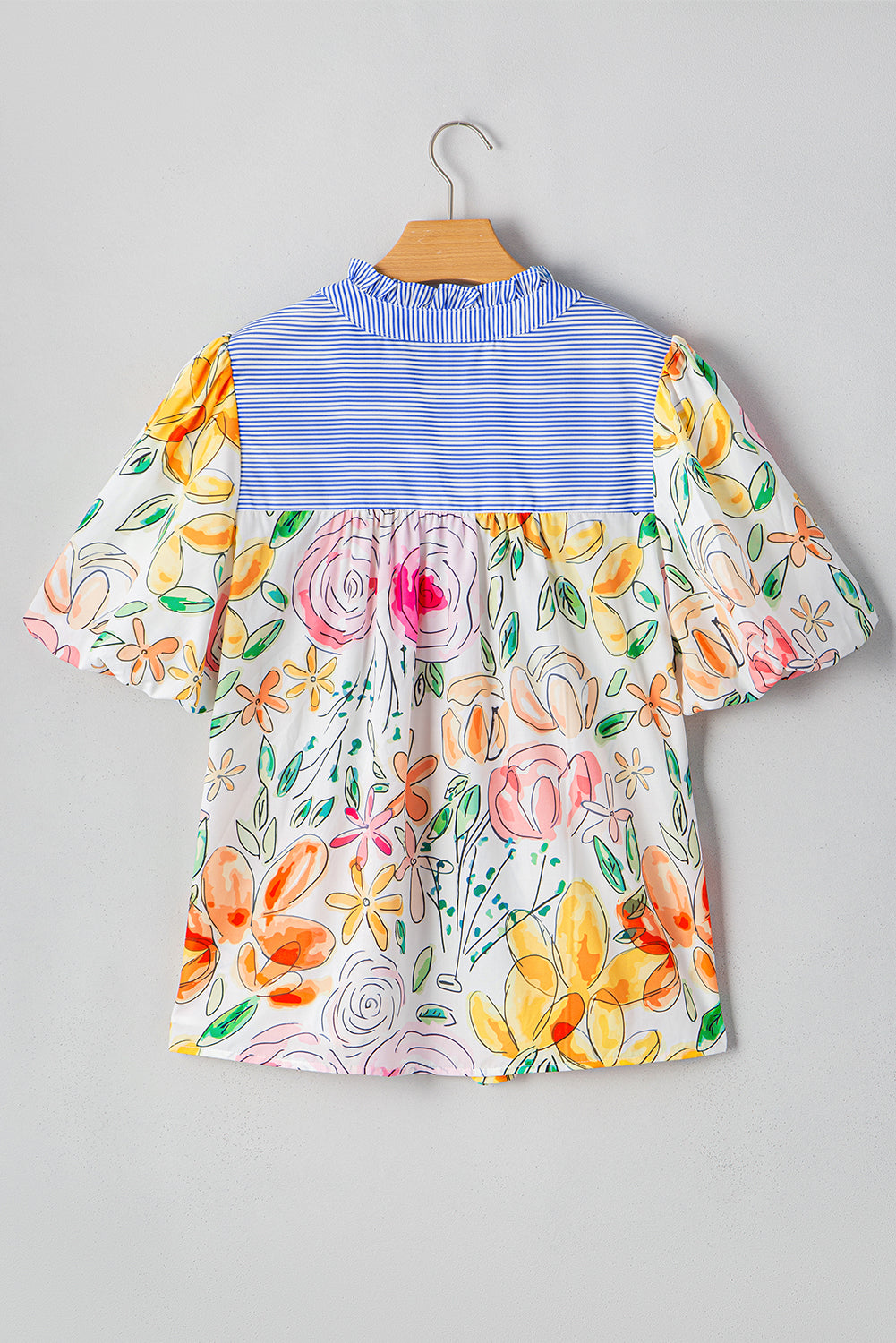 Multicolour Floral Print Striped Yoke Frilled V Neck Puff Short Sleeve Blouse eAura